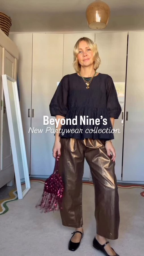 Instagram post by an influencer for Beyond Nine. Caption reads: [...] Bronze Linen Trousers . #beyondniners.