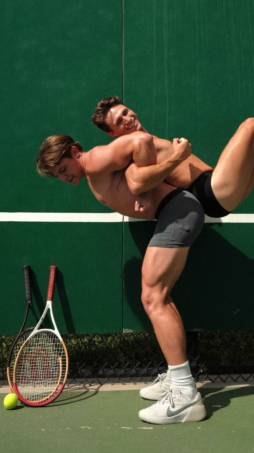 Instagram post by @lincandcanyon for SAXX Underwear. Caption reads: All the balls on court secured and served🎾....