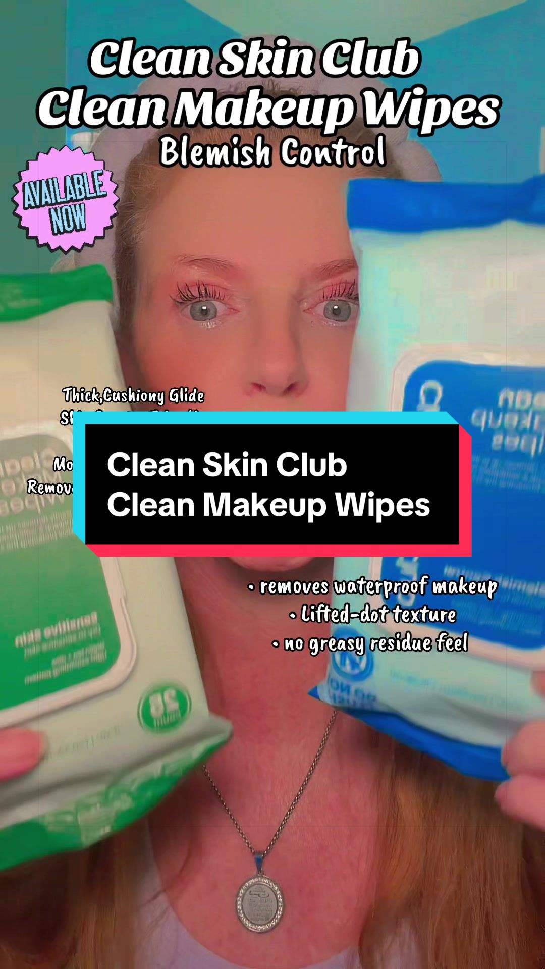 TikTok post by @juelygrey for Clean Skin Club. Caption reads: Clean Skin Club Clean Makeup Wipes Blemish Control....