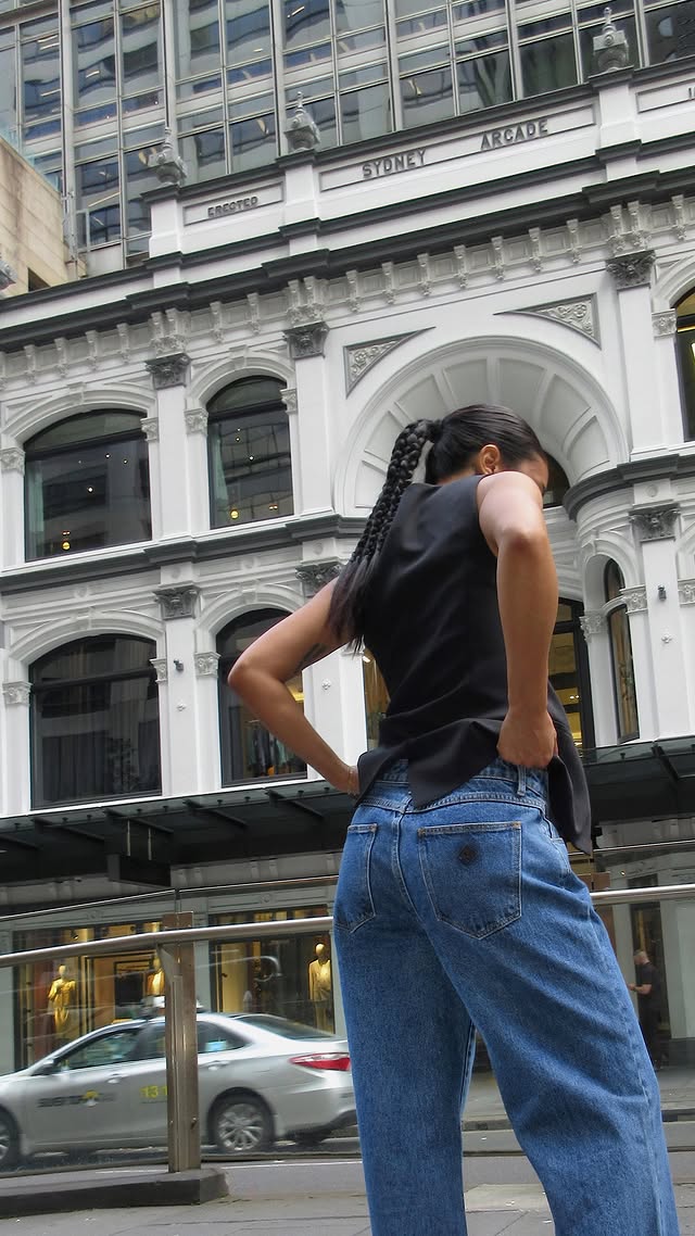 Instagram post by @rachelteetyler for Abrand Jeans. Caption reads: you’re cute jeans! running around in @abrandjeans....