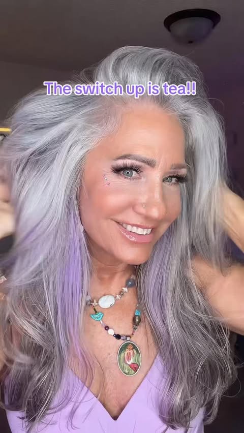 Instagram post by @yourfitgrandma for Arctic Fox Hair Color. Caption reads: [...] #purple #peekaboo #highlights....