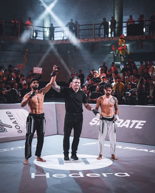 Instagram post by @karatecombatbr for Goat Shed Academy. Caption reads: One of the fastest finishes in Karate Combat....