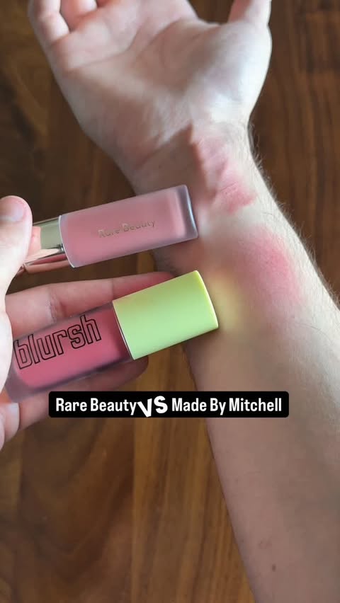 Instagram post by @juancherangel for MADE BY MITCHELL. Caption reads: Batalla de los blush más virales:
#rarebeauty Soft....
