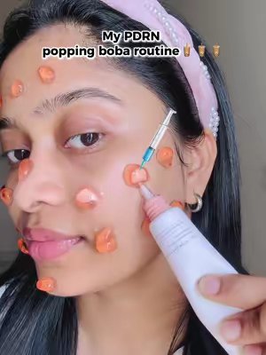 TikTok post by @manjusglowdiary for mixsoon US. Caption reads: My PDRN popping boba routine 🧋✨ Barrier repair....