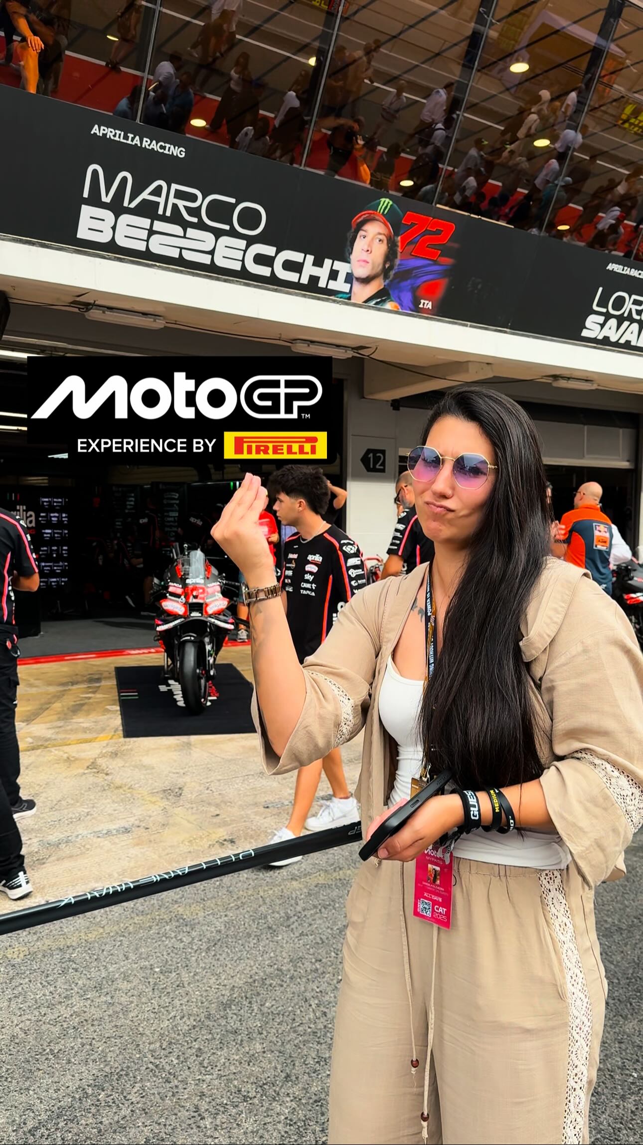 Instagram post by @karma_rider_ for Pirelli. Caption reads: [...] @motogp experienced up close 🔥🏁 with....