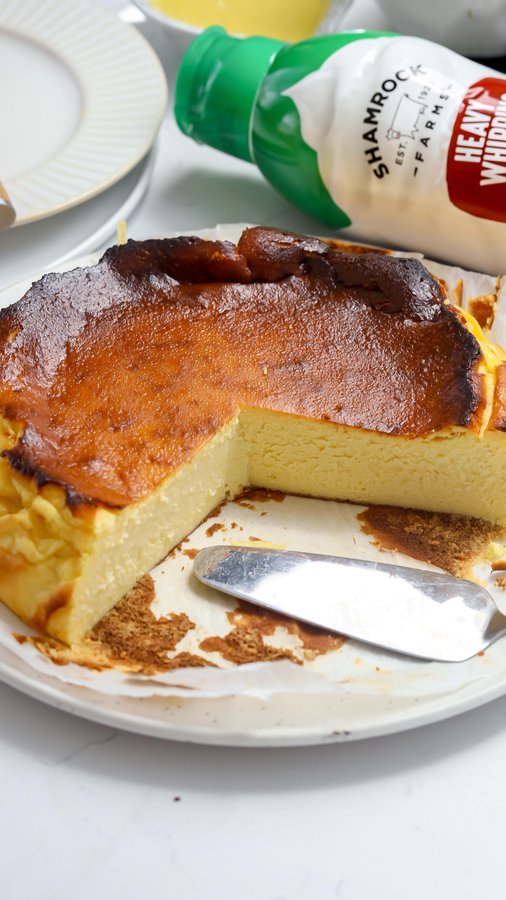 Instagram post by @foodmymuse for Shamrock Farms. Caption reads: Extra Creamy Corn Burnt Basque Cheesecake with....