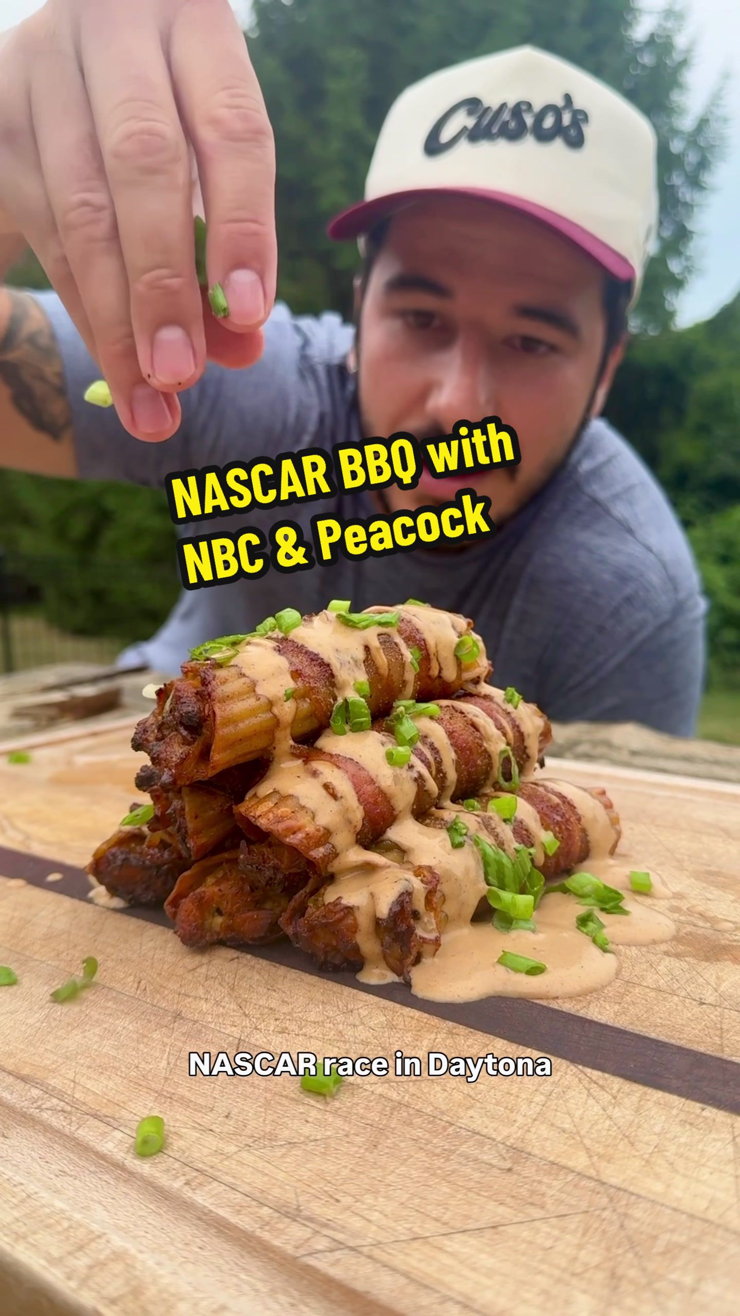 TikTok post by @chefcuso for NASCAR. Caption reads: Chicken Bacon Ranch BBQ shotgun shells 😳 Prepping....