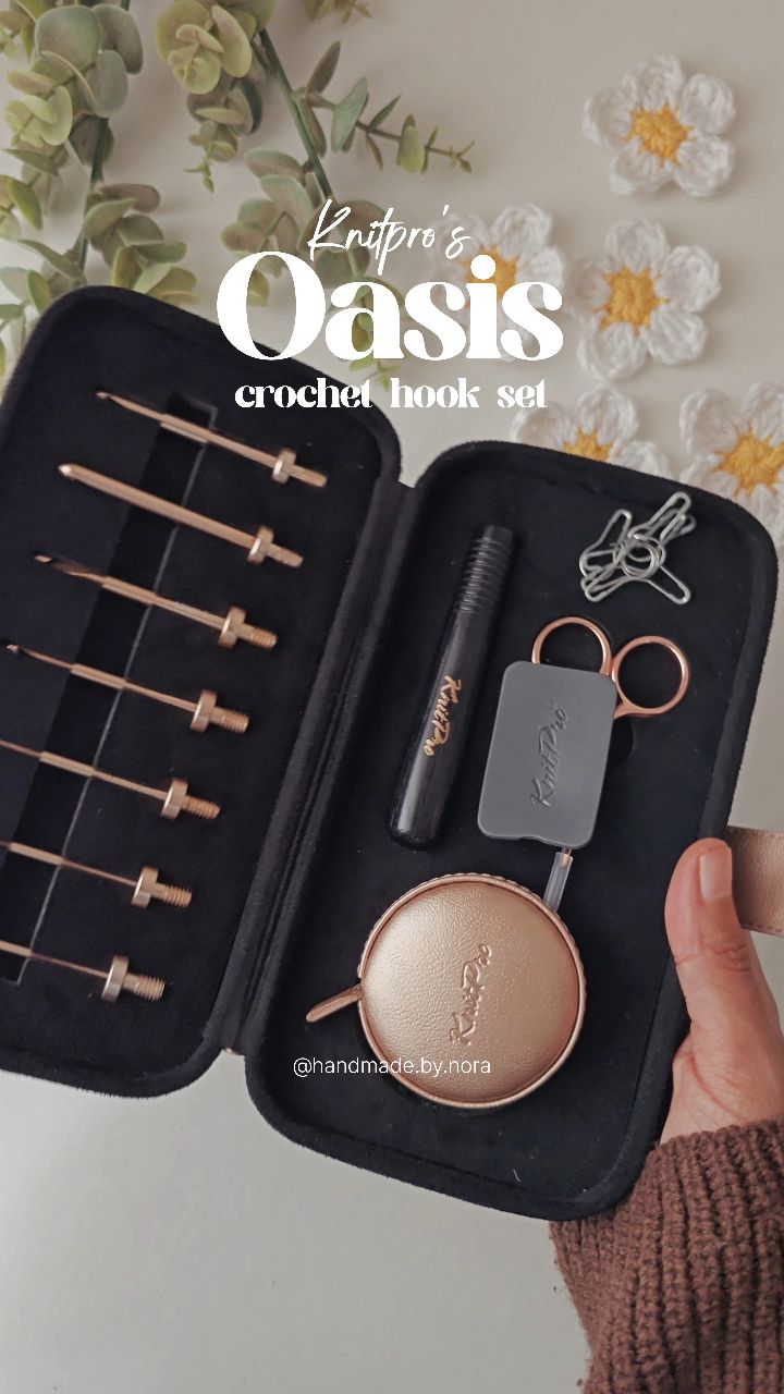 Instagram post by @handmade.by.nora for KnitPro. Caption reads: Unboxing this beauty the OASIS Interchangeable....