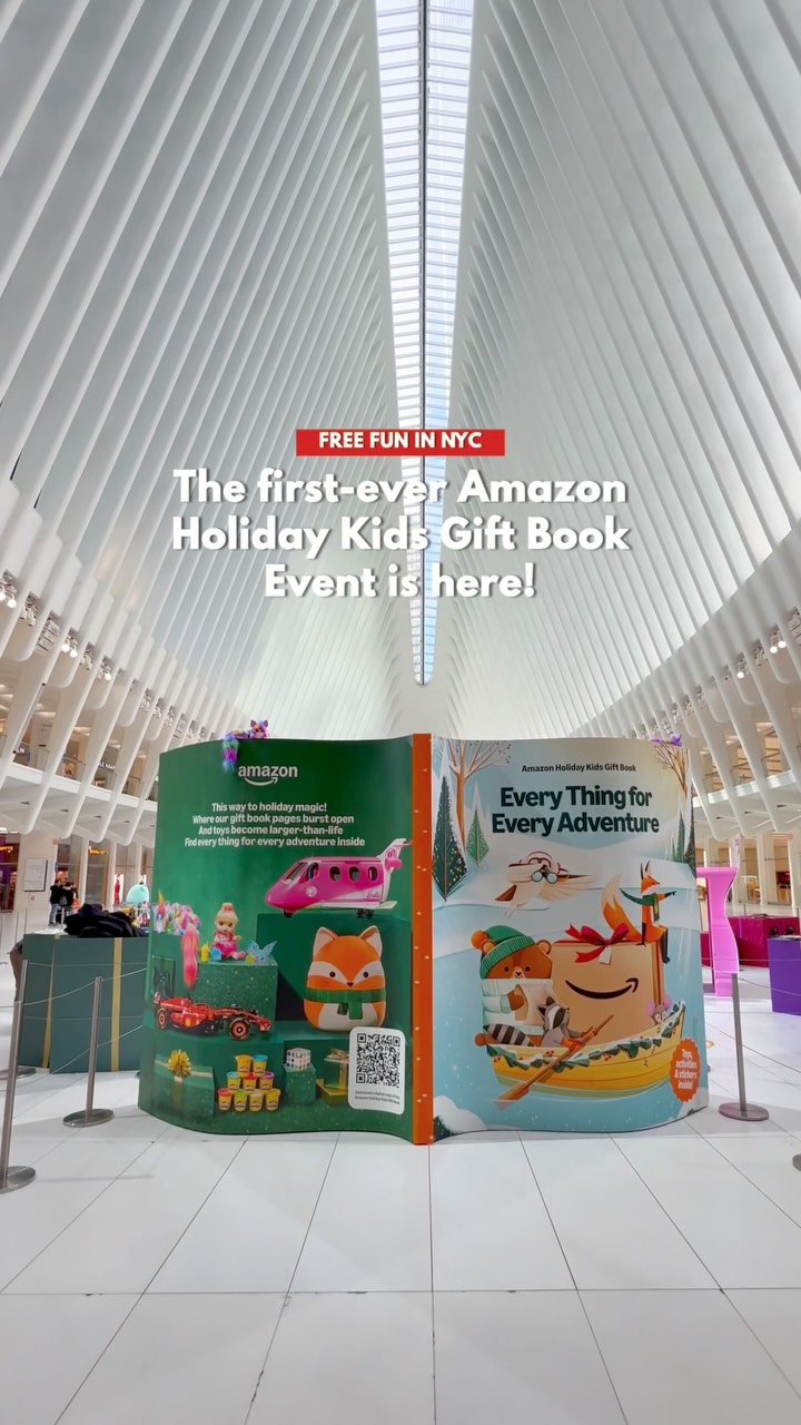 Instagram post by @littlekidbigcity_newyork for Hasbro. Caption reads: FREE FUN IN NYC: Amazon Holiday Kids Gift Book....