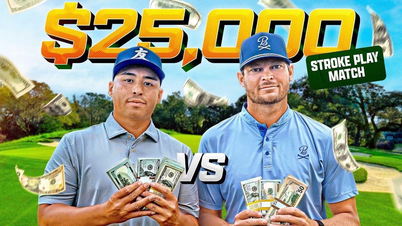 YouTube post by @ForePlayGolf for Golf Galaxy. Caption reads: The $25,000 Grudge Match | Riggs vs. Your Friend....