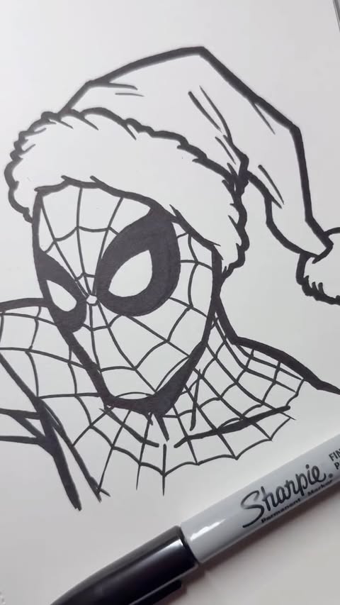 Instagram post by @benji.stuff for Sharpie. Caption reads: Spiderman with Christmas hat drawing tutorial 🗣️....