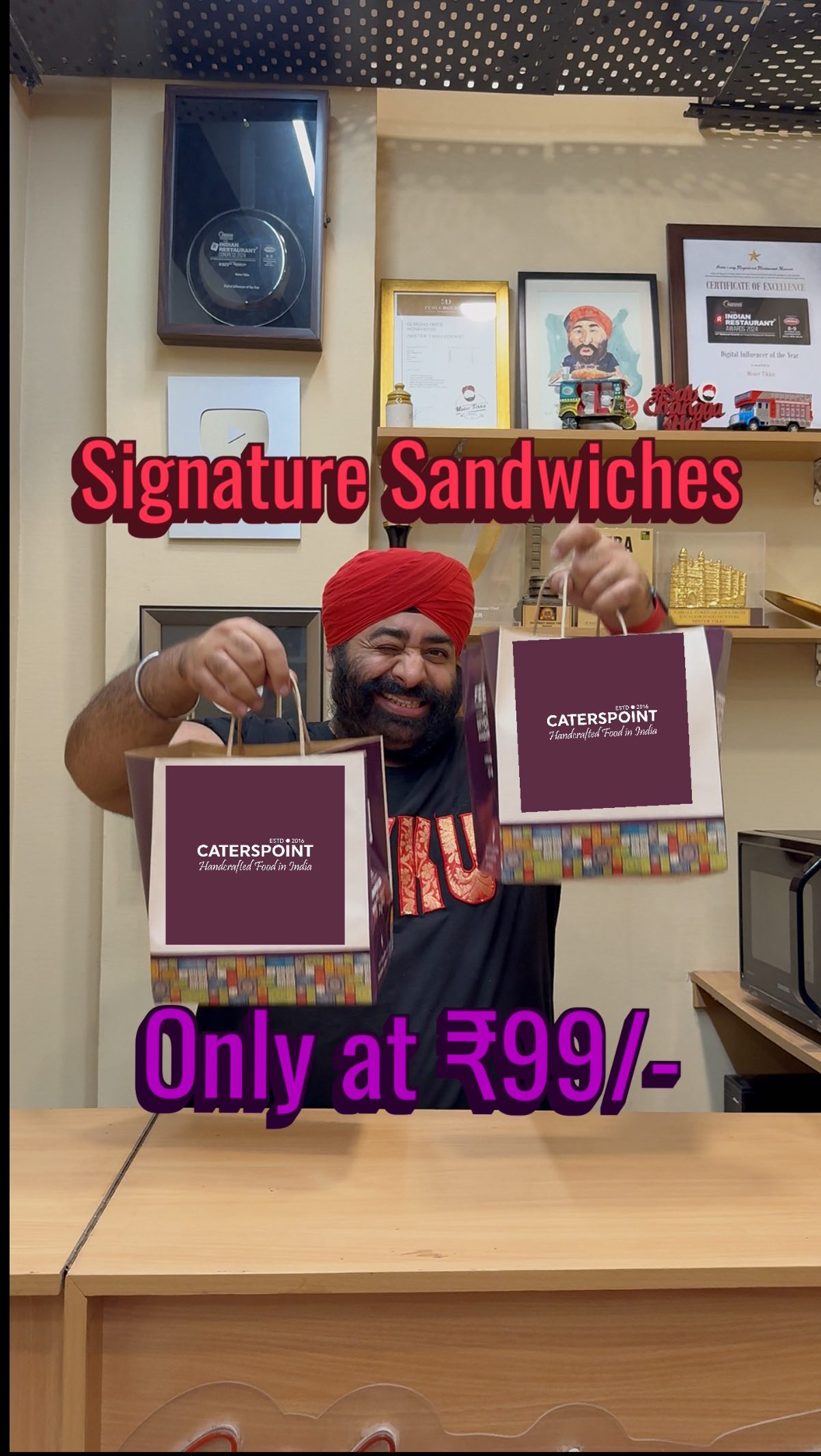 Instagram post by @caterspoint for Swiggy. Caption reads: Rs. 99 Mein VADIYA Sandwich?

Jee yes, 9-year-old....