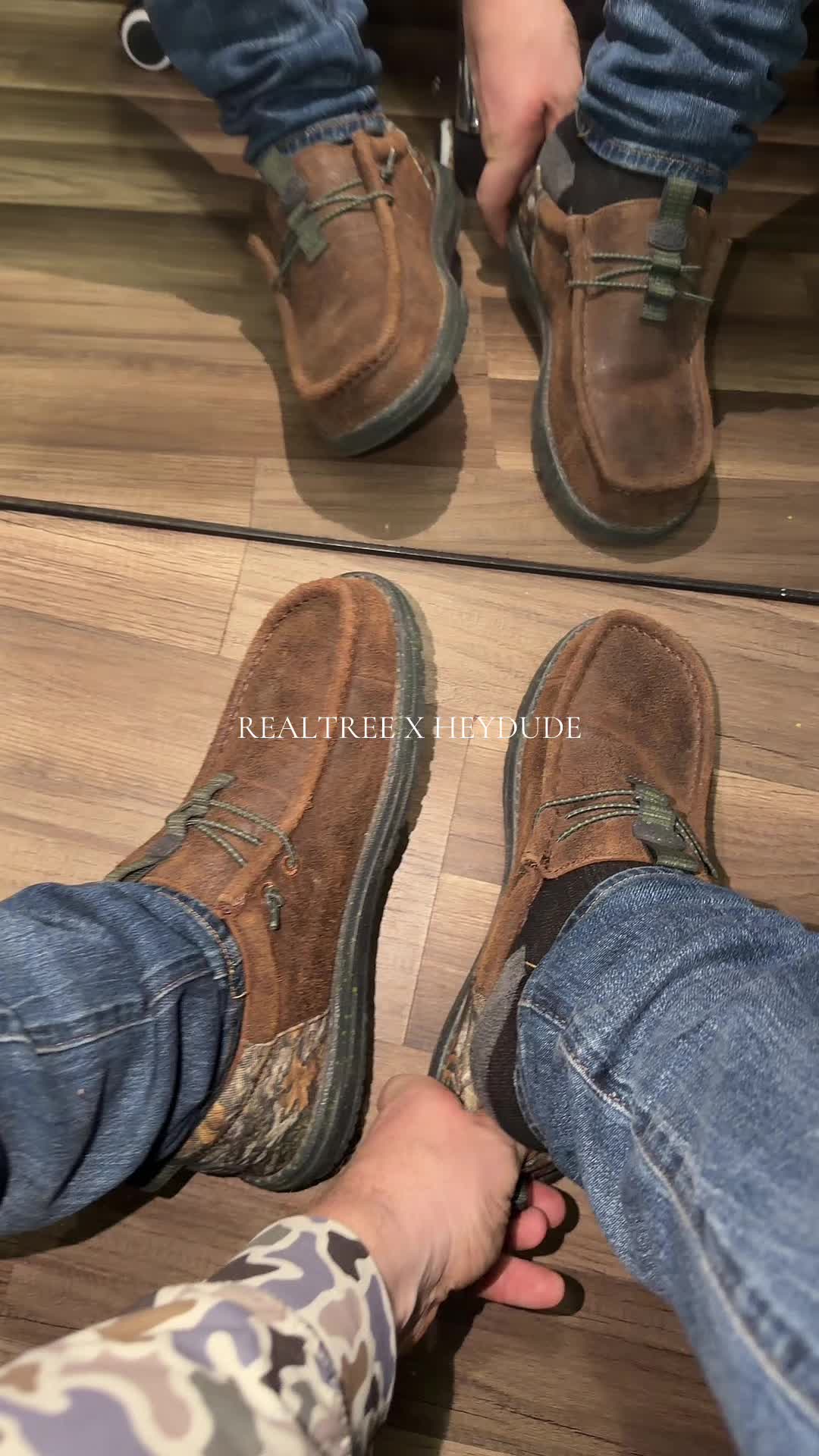 TikTok post by @bunny.bunkin for HEYDUDE. Caption reads: Camo realtree suede heydudes @HeyDude.