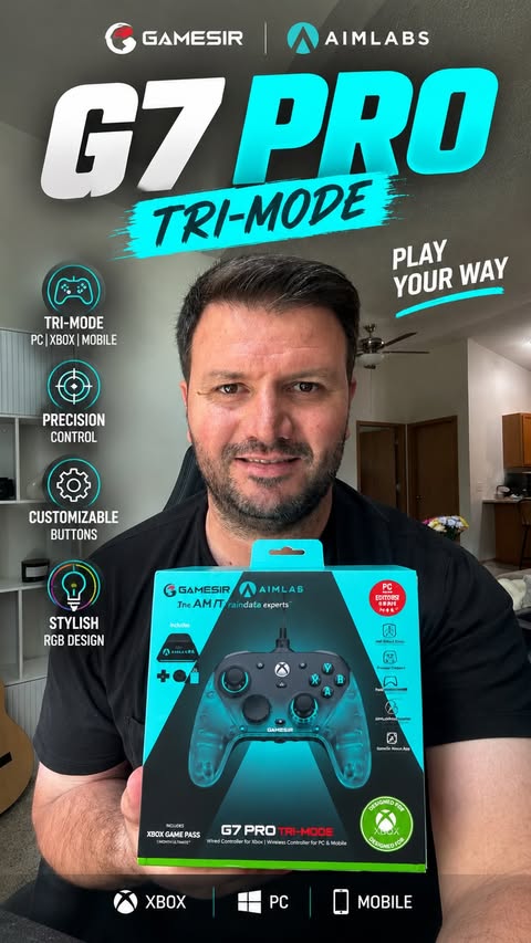 Instagram post by @sahin_mind for GameSir. Caption reads: 🎮 GameSir G7 Pro Tri-Mode — One Controller, Three....