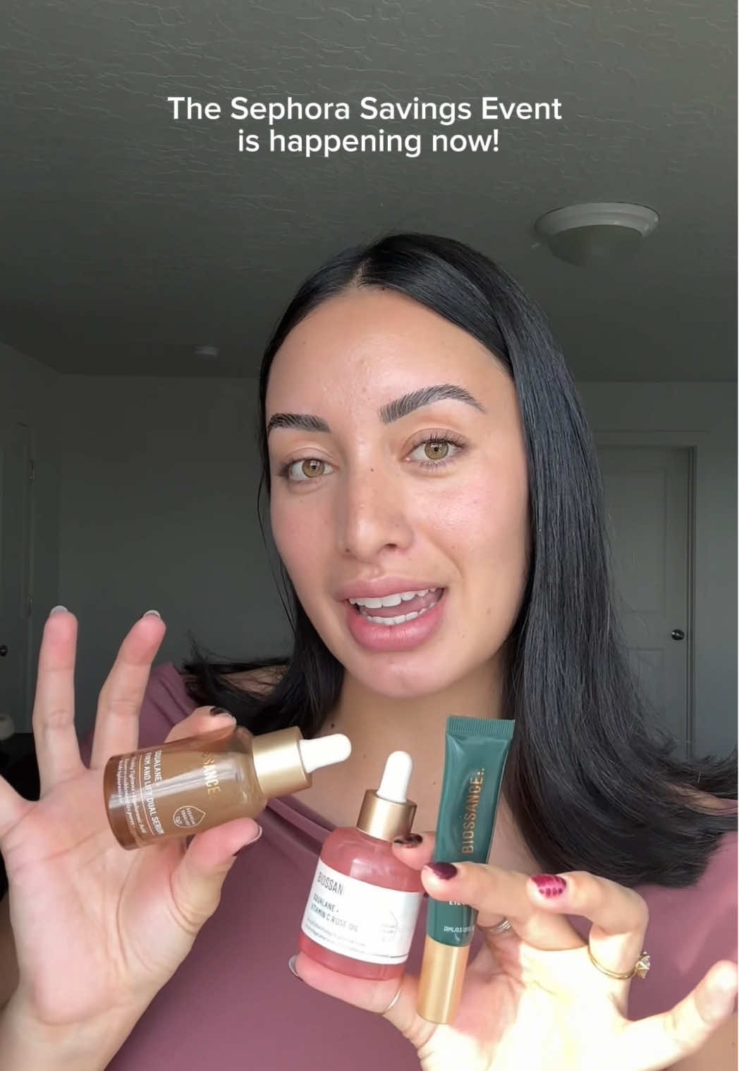 TikTok post by @sabriena_abrre for Biossance. Caption reads: [...] Savings Event >>> Don’t forget these....