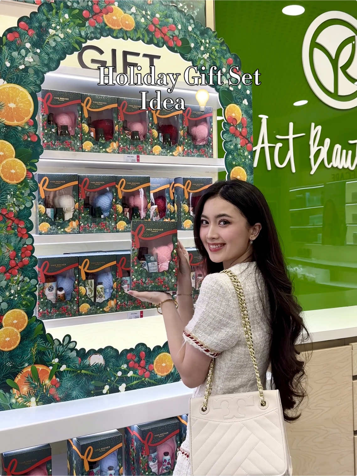 TikTok post by @devs.diary for Yves Rocher. Caption reads: Finally holiday season! 🎄Waktunya belii gift set....