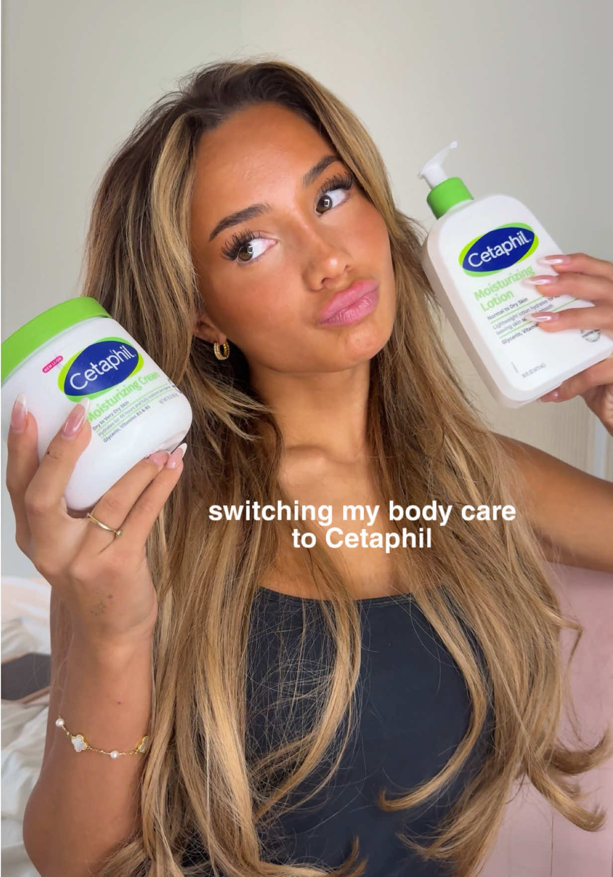 TikTok post by @estellelebourgeois_ for Cetaphil. Caption reads: [...] Switching my body care routine to @Cetaphil....