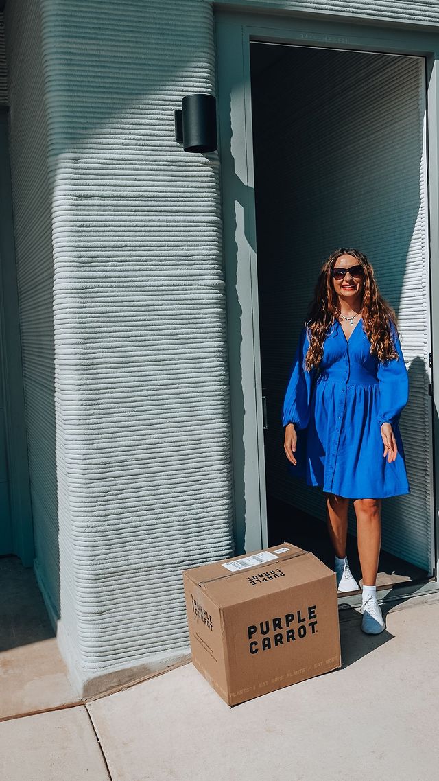 Instagram post by @travelwithherstyle for Purple Carrot. Caption reads: 💜 @purplecarrotxo is the only 100% plant....