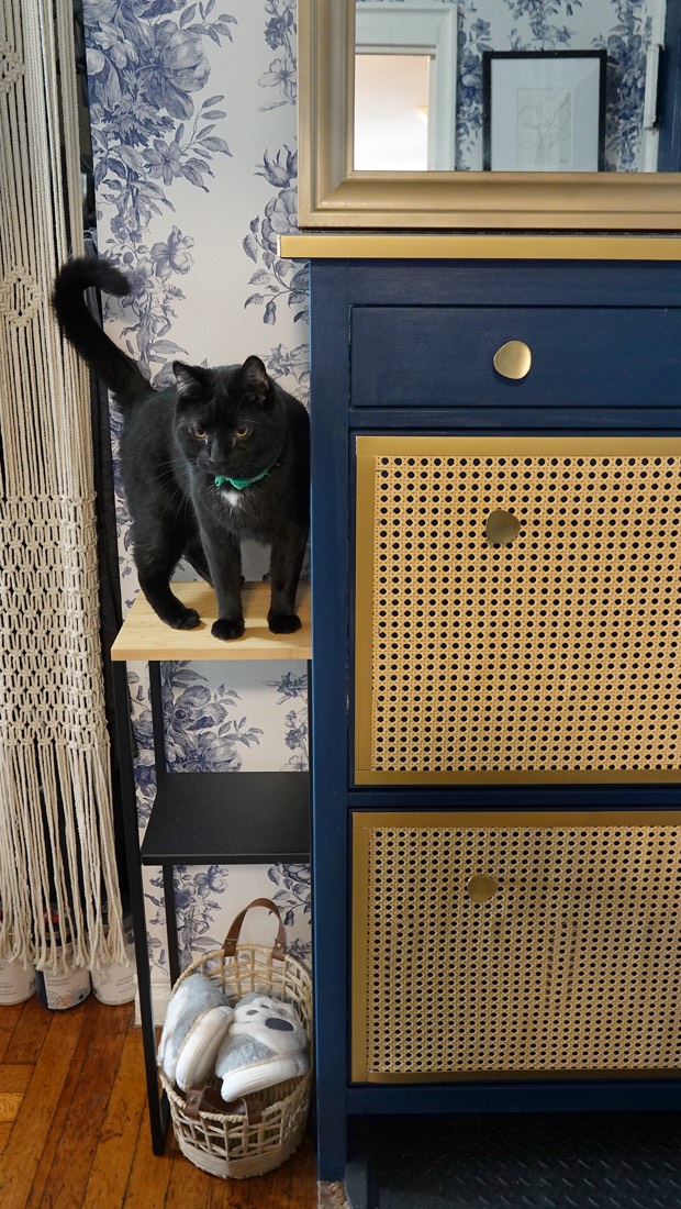 Instagram post by @kate_romanoff for Havenly. Caption reads: 💙 Mud Room Makeover + IKEA Shoe Cabinet Flip....