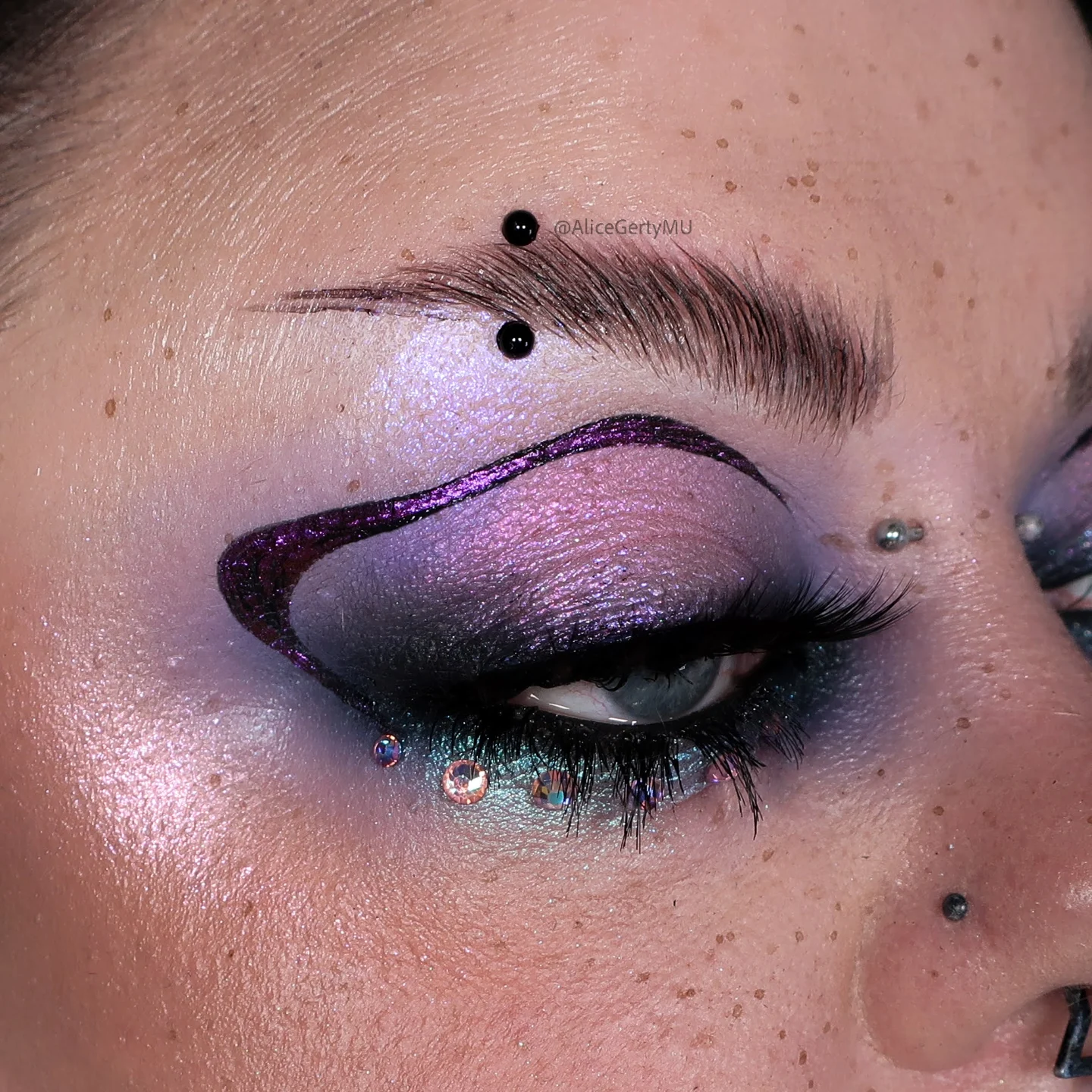 Instagram post by @alicegertymu for Makeup Revolution. Caption reads: [...] (Code: “ALICEG” for 20% off)⁣ 💜....