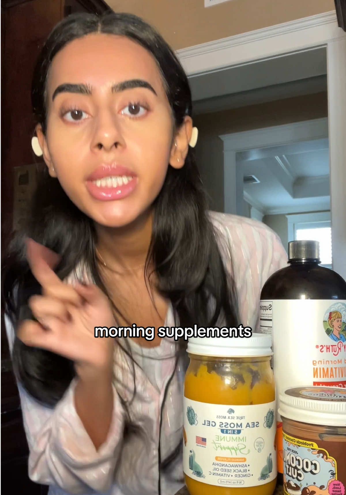 TikTok post by @simmykinns for DERMA•E. Caption reads: morning supplements in my @DERMA E eye patches 🤍....