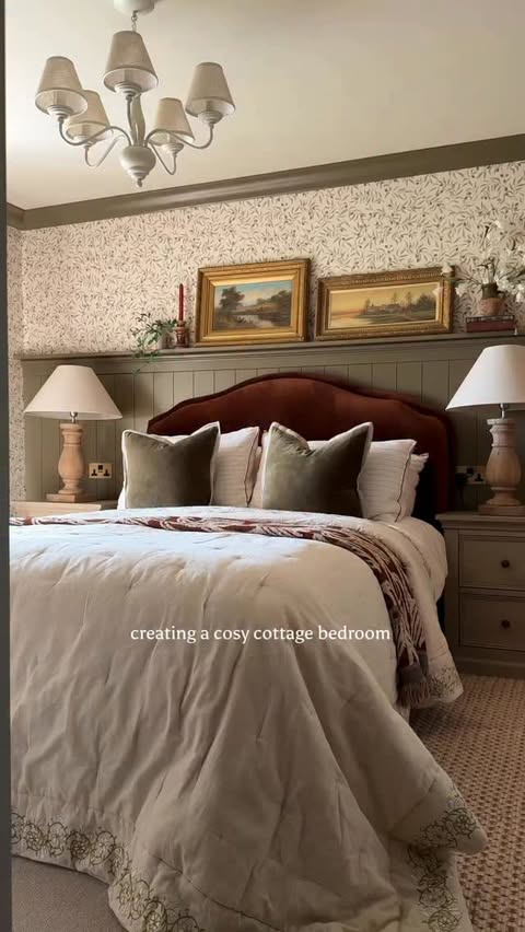 Instagram post by @cottagerenovationcwmrhys for Sandberg Wallpaper. Caption reads: [...] Olivia Burgundy wallpaper from....