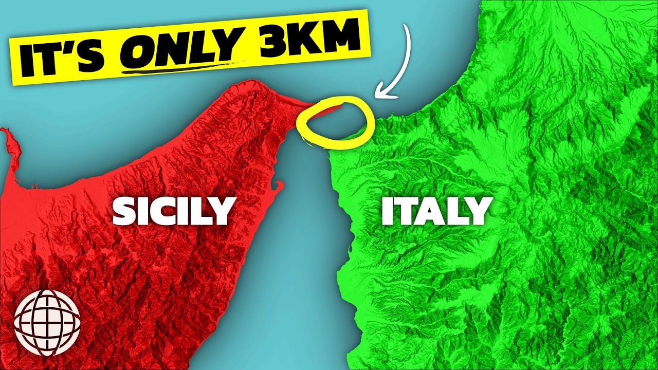 YouTube post by @GeographyByGeoff for Storyblocks. Caption reads: Why Italy Can't Build A Short Bridge To Sicily.