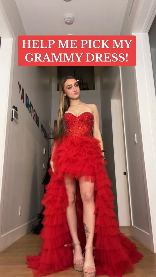 Instagram post by @mckenzibrooke for Sherri Hill. Caption reads: WHICH IS YOUR FAV?!!! 😍😭 @sherrihill #grammys....