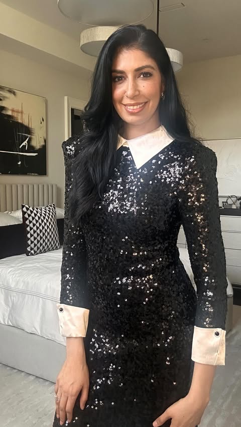 Instagram post by @poojahandatv for Melanie Lyne. Caption reads: [...] White sequin cocktail dress?....