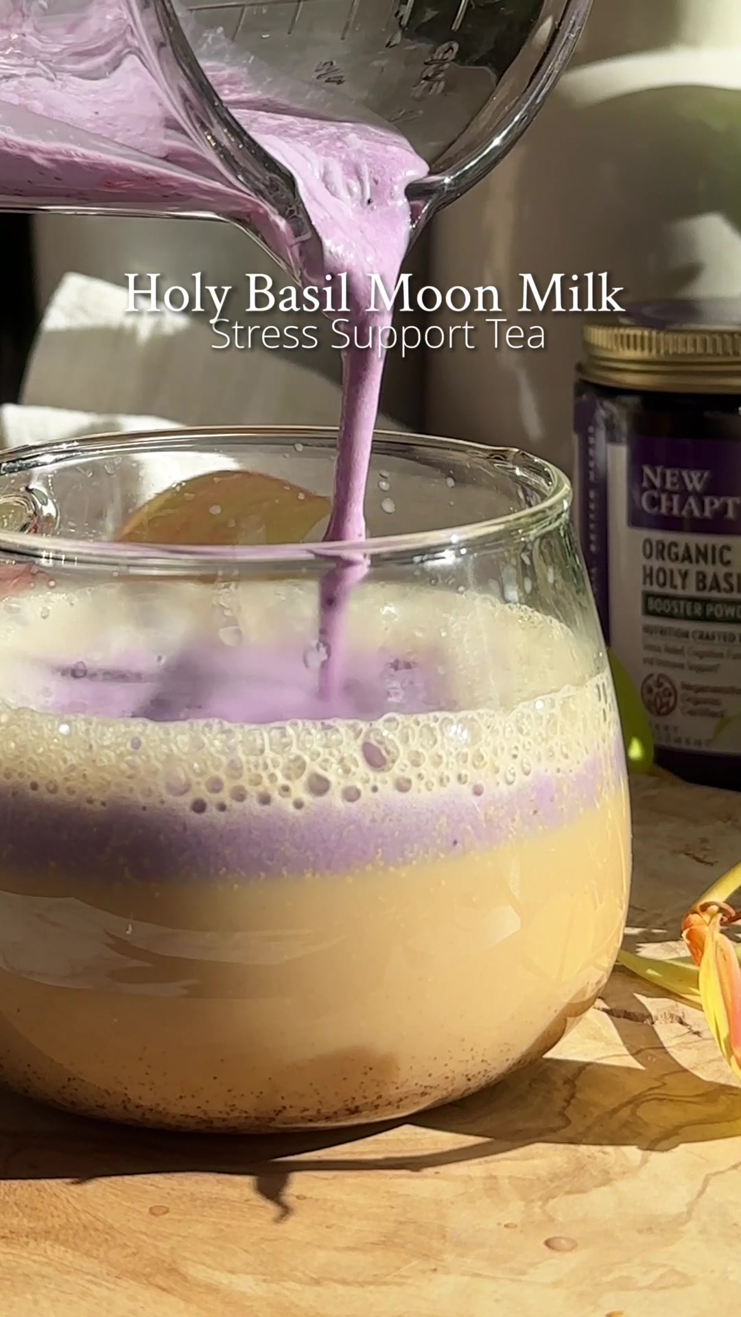 TikTok post by @caprililly for newchapter. Caption reads: Holy Basil Moon Milk | Stress Support Tulsi Tea....