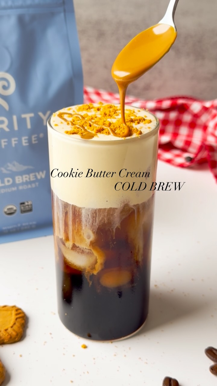 Instagram post by @coffeevibes03 for Purity Coffee. Caption reads: Made the dreamiest Cookie Butter Cream Cold Brew....