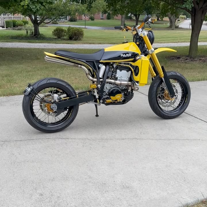 Instagram post by @parrmotorcycles for Suzuki. Caption reads: Throwback to the DRZ 434 Scorpion build overview.....