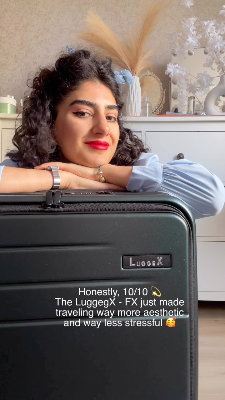 Instagram post by @mariam_gamez_ for LuggeX. Caption reads: New travel bestie unlocked @luggex_official - FX....