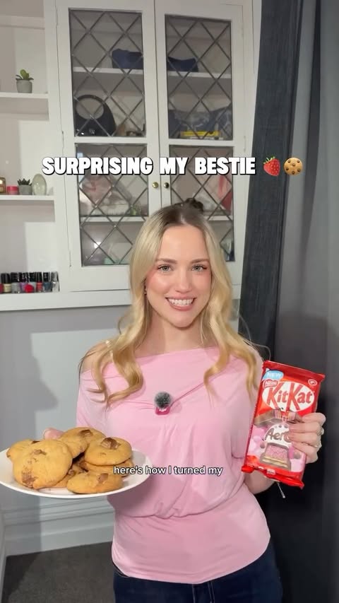 Instagram post by @rachael_h99 for KITKAT. Caption reads: [...] welcome home surprise 🥹🍓🍪 The new KITKAT....