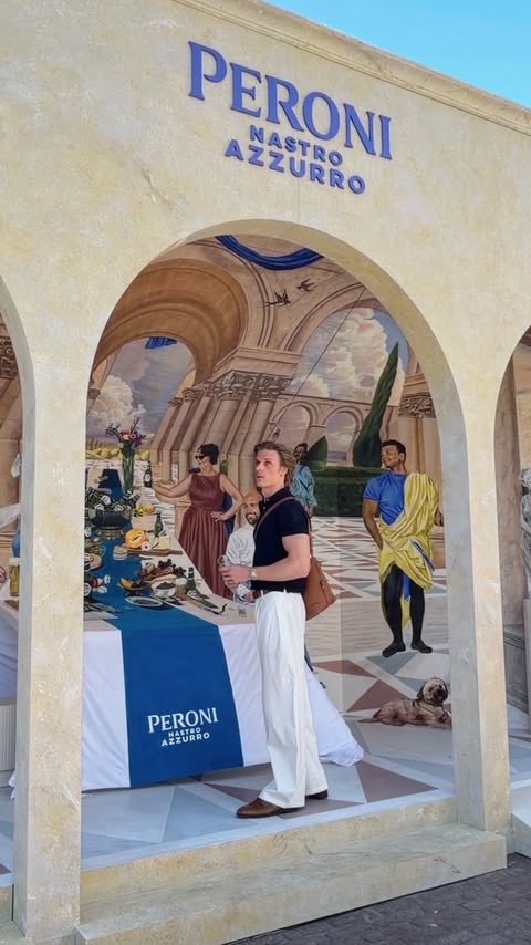 Instagram post by @hugomacwood for Peroni Nastro Azzurro. Caption reads: [...] only @peroniuk #ad #drinkaware....