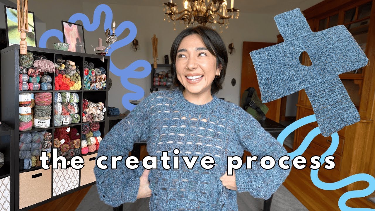 YouTube post by @itserinb for Darn Good Yarn. Caption reads: crochet sweater creative process & organizing my....