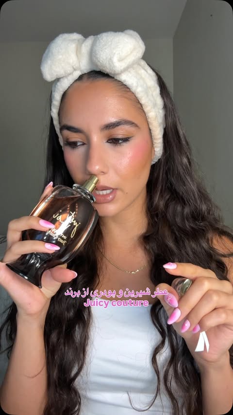 Instagram post by @atenaheydariiiii for Juicy Couture. Caption reads: [...] تیز؟ 😍🤍🧴 اسم عطر just moi از برند....