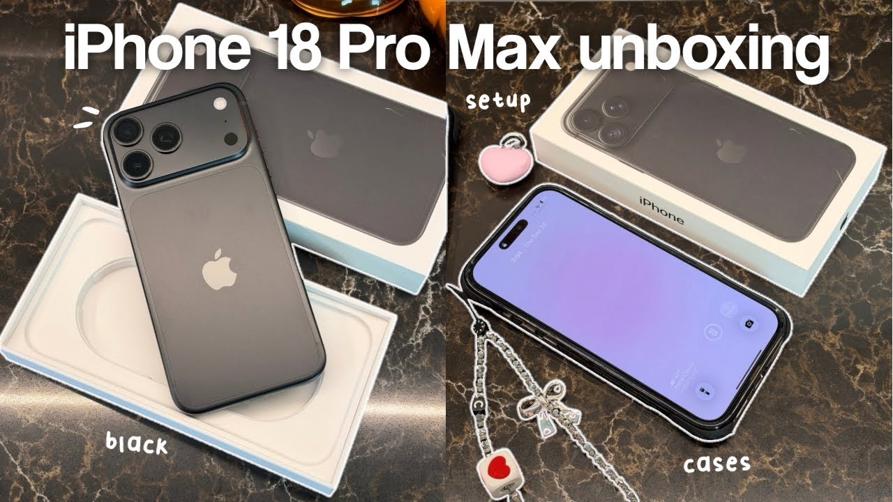YouTube post by @SimplySofias for Thematic. Caption reads: iPhone 18 Pro Max Aesthetic Unboxing (Black) ....