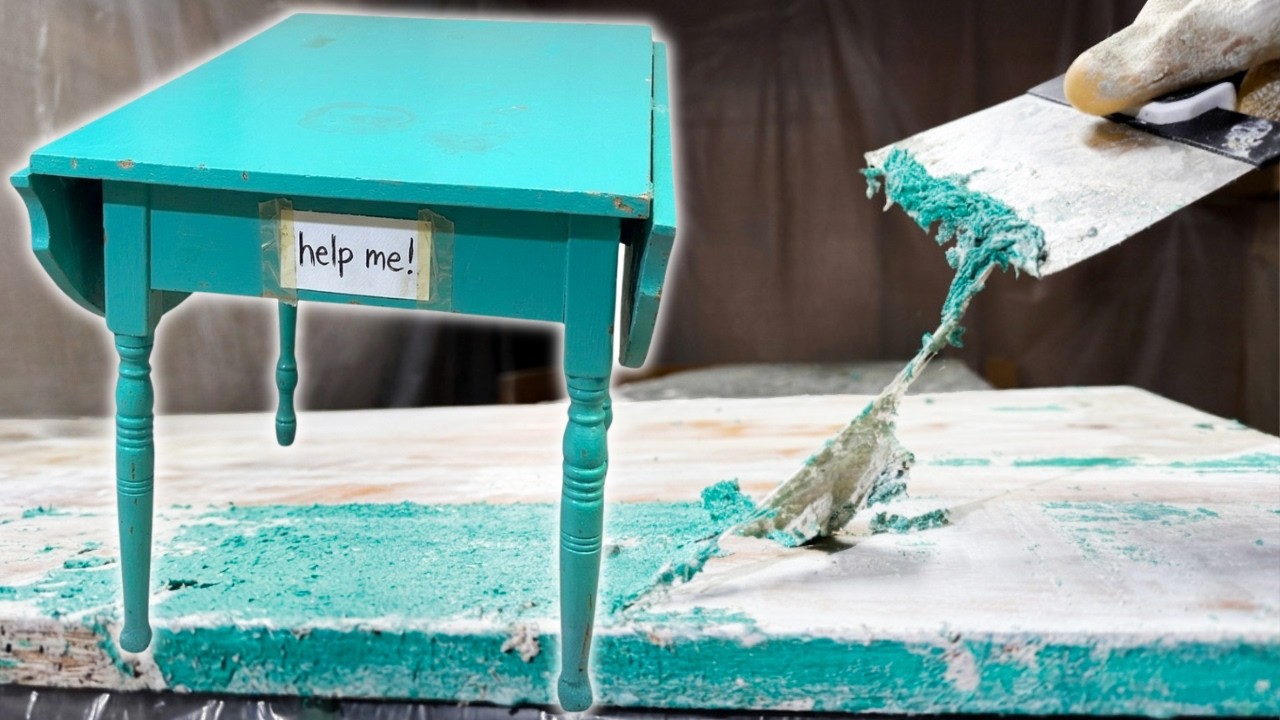 YouTube post by @FurnitureFlippa for Birch. Caption reads: Restoration of a TEAL PAINTED Drop Leaf Table.