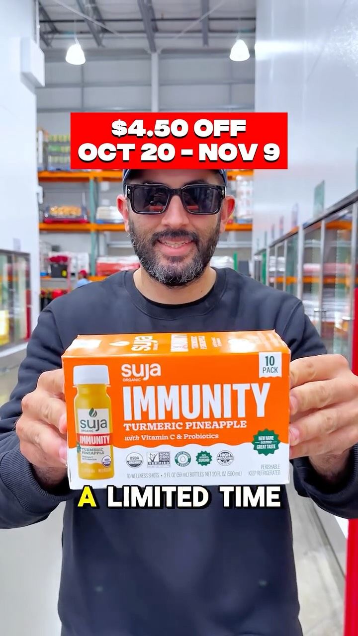 Instagram post by @costcowonders for Suja Organic. Caption reads: Suja Organic Immunity Shots are now $4.50 off....