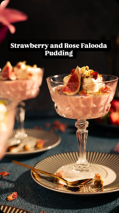 Instagram post by @adventureswithsugar for Le Creuset. Caption reads: Recipe Alert 🚨Strawberry and Rose Falooda Pudding....