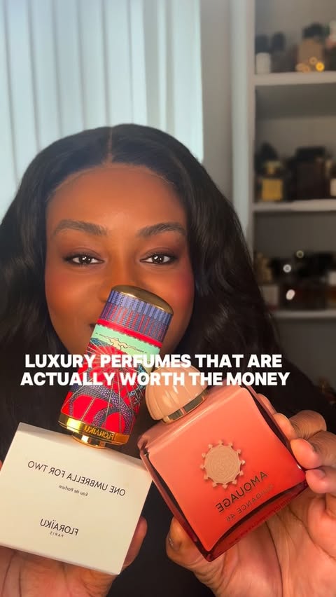 Instagram post by an influencer for AMOUAGE. Caption reads: Luxury Perfumes that are WORTH it✨ Smell like you....