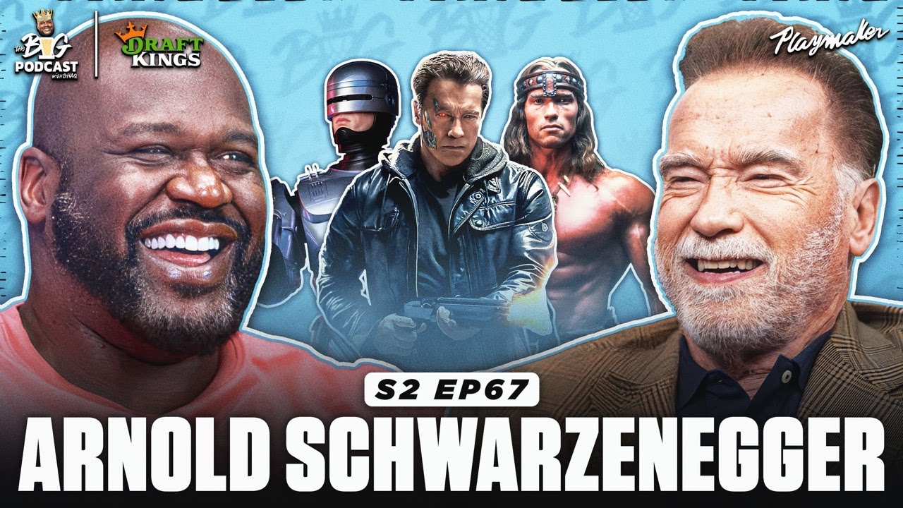 YouTube post by @TheBigPod for DraftKings. Caption reads: Shaq Asks Arnold For Bodybuilding Advice, If He....