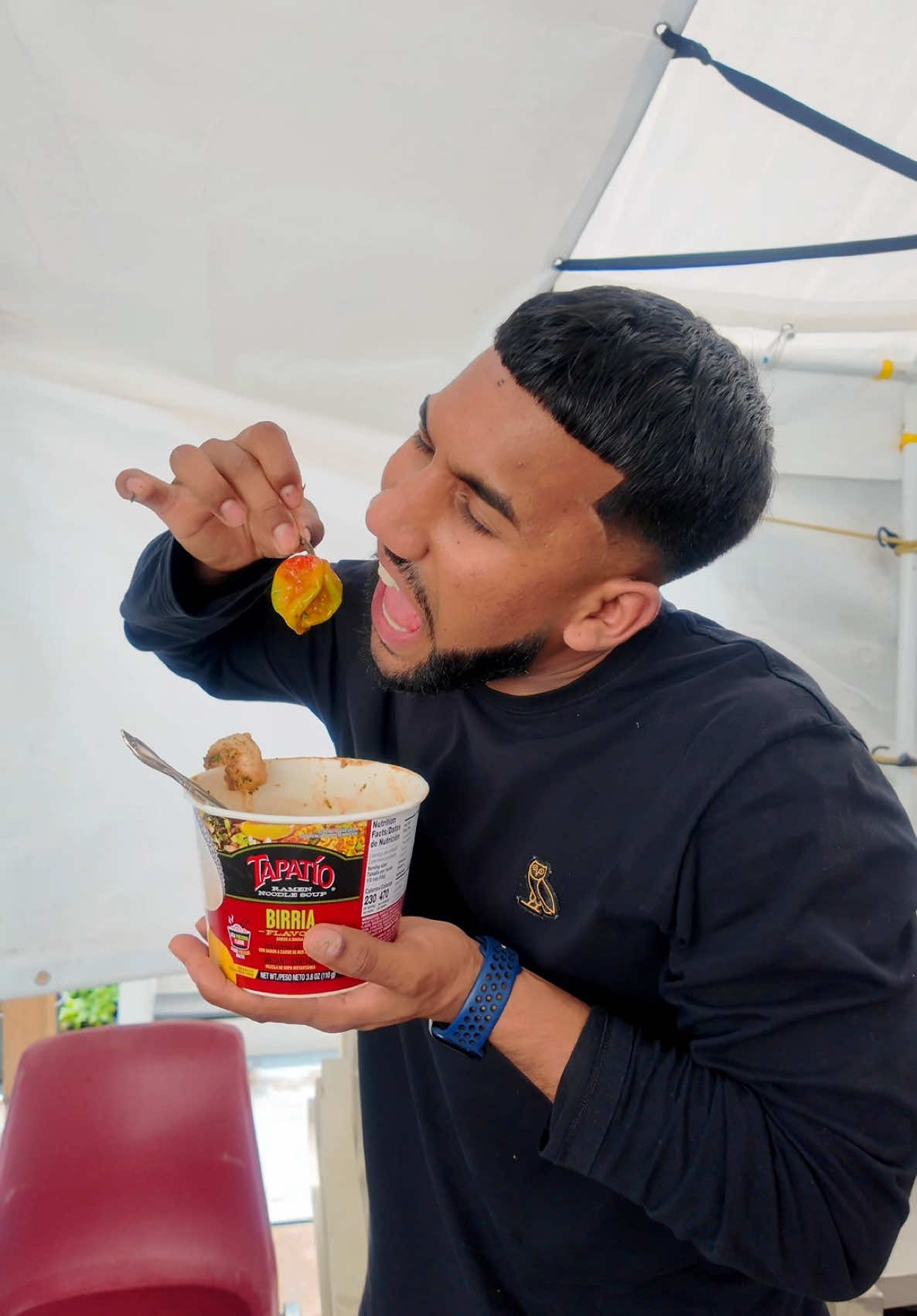 TikTok post by @life0fjon for Tapatio Ramen. Caption reads: @Tapatio Ramen getting a proper trini mashup....