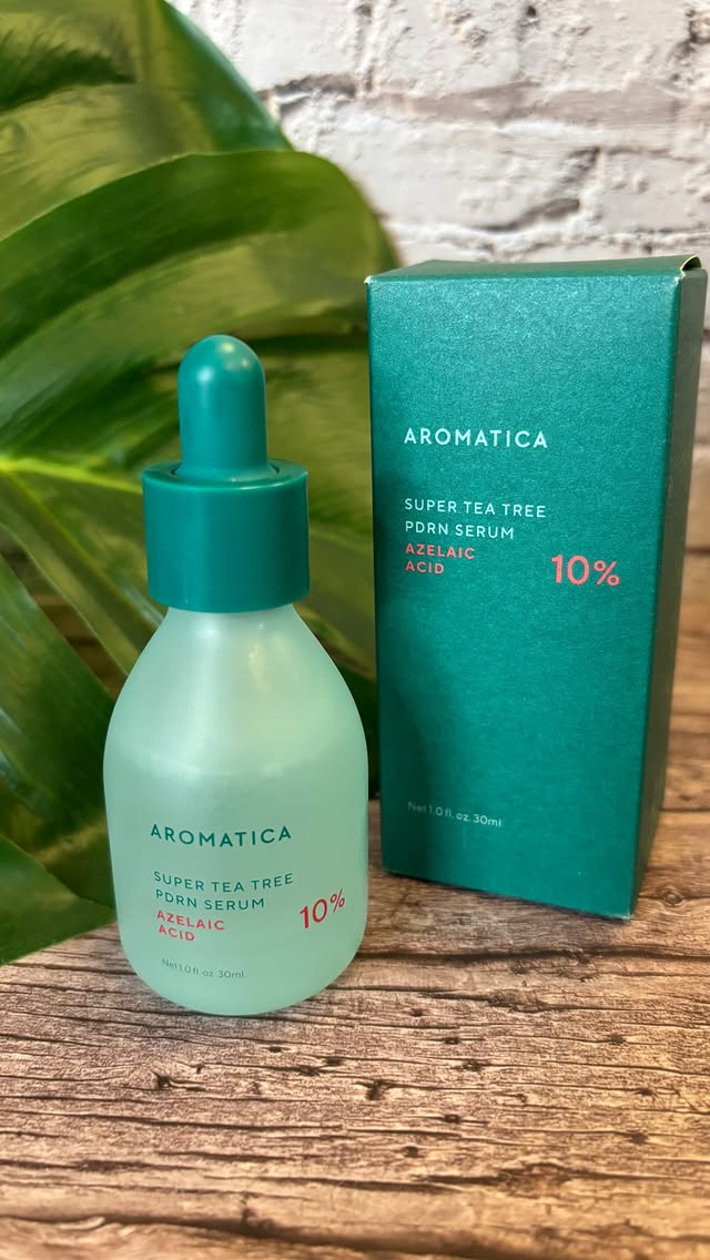 Instagram post by @testerweezy for AROMATICA. Caption reads: This Aromatica Super Tea Tree PDRN Serum with 10%....