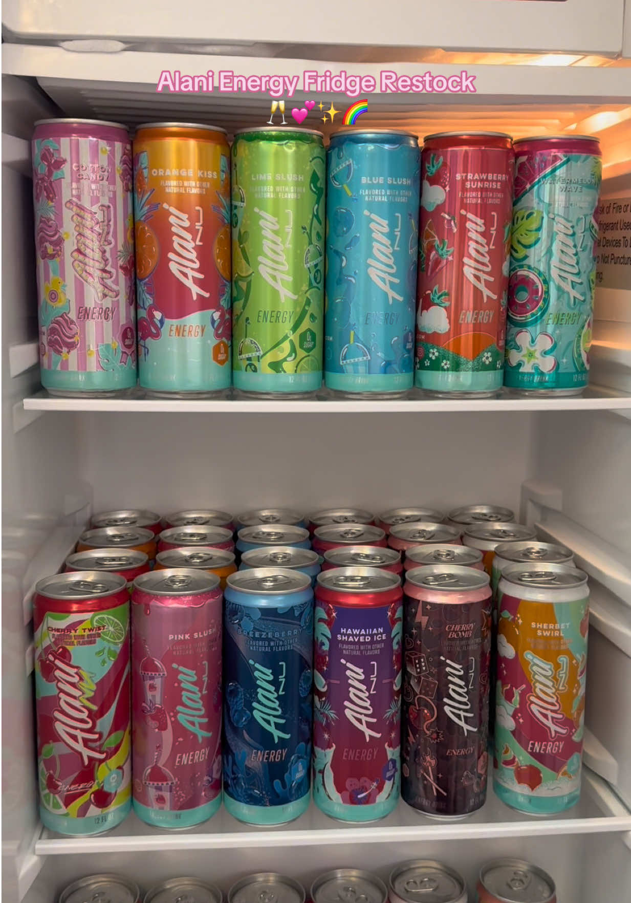 TikTok post by @laniekristin for Alani Nu. Caption reads: alani fridge restock 🥂🌈💕✨ @Alani Nutrition....