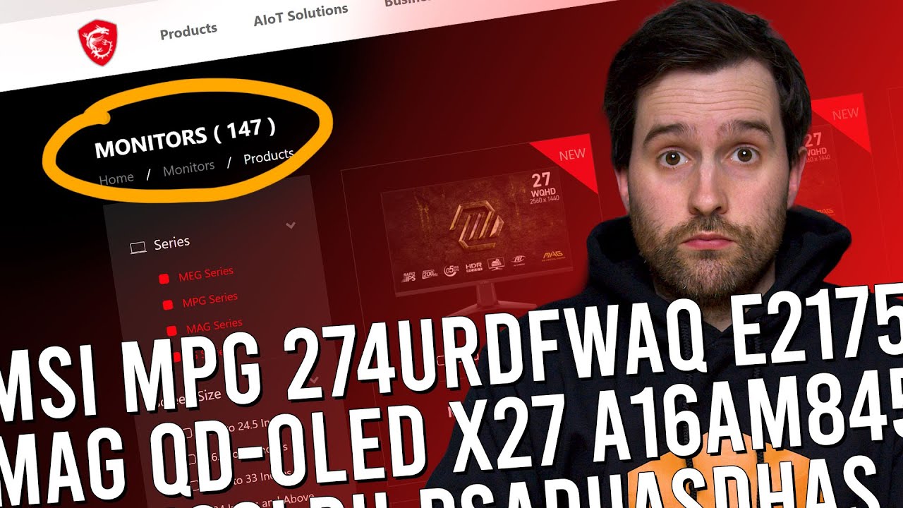 YouTube post by @monitorsunboxed for Newegg. Caption reads: I Found the Reason MSI Monitor Names Suck.