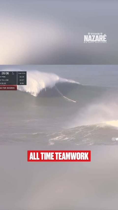 Instagram post by @justinedupont33 for World Surf League. Caption reads: [...] Nazaré #BigWaveChallenge is LIVE on....