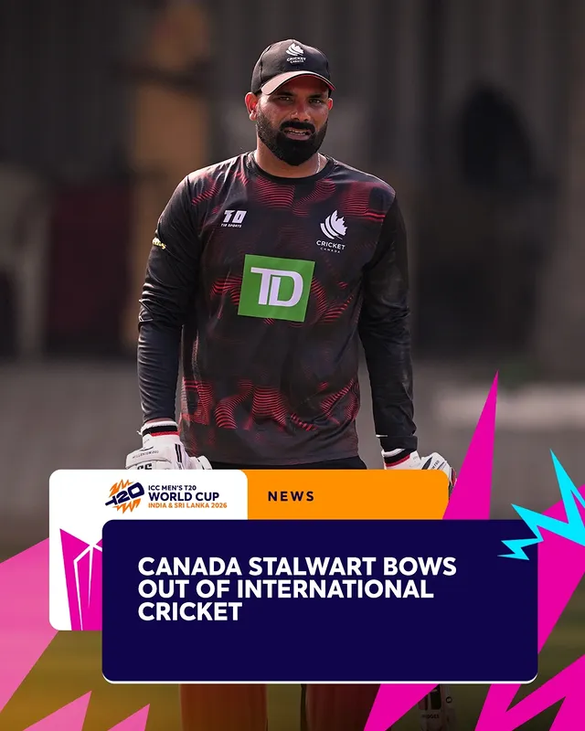 Instagram post by @officialcricketcanada for ICC T20 World Cup. Caption reads: A stalwart of Canadian cricket is set to bow out....