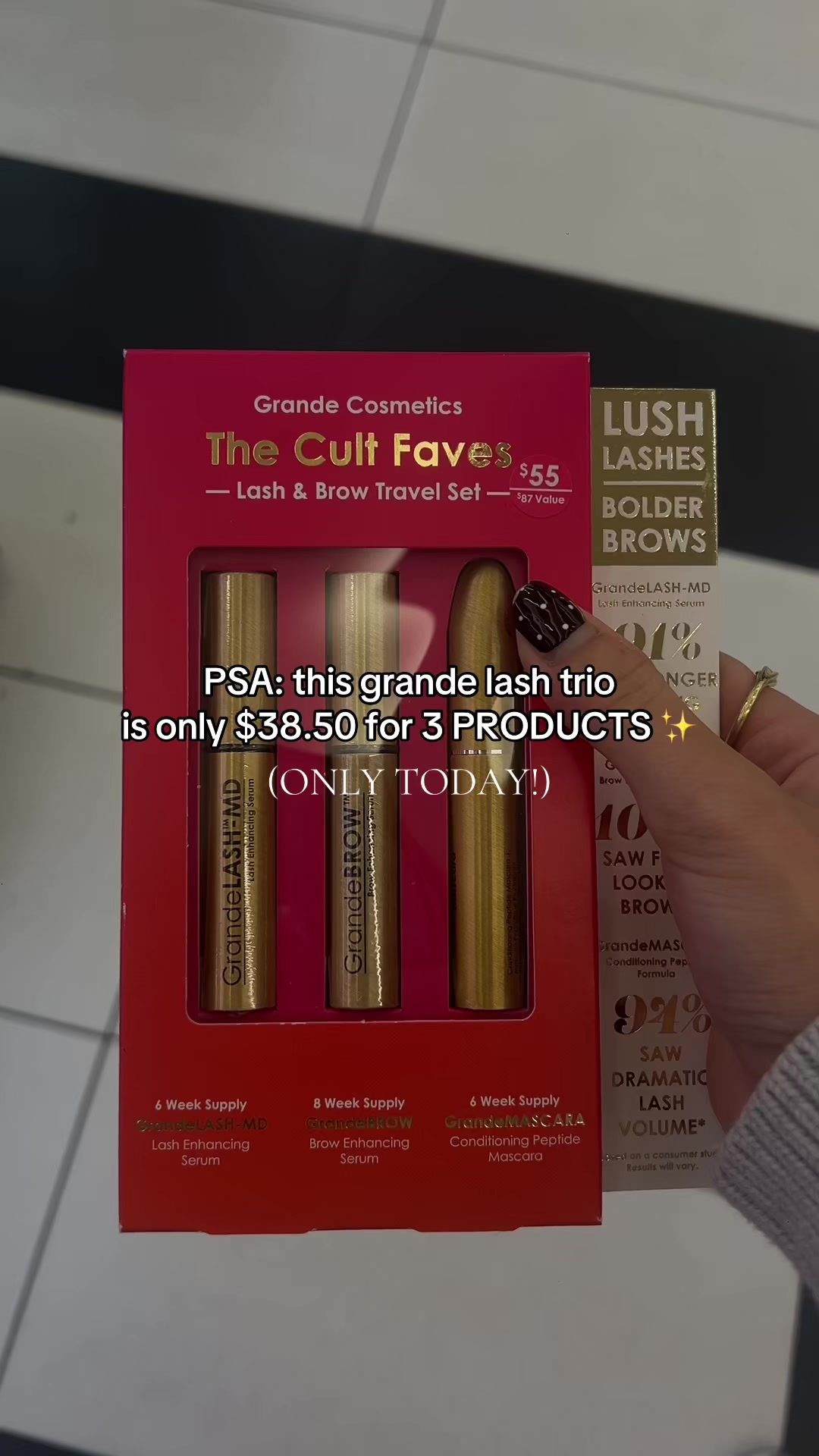 TikTok post by @jans.faves for Grande Cosmetics. Caption reads: [...] of reg price $87 is INSANE ✨ best @Grande....
